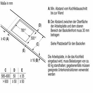 Detaillierte technische Zeichnung mit präzisen Maßangaben für den optimalen Einbau des Induktionskochfelds mit Edelstahlrahmen in die Küchenarbeitsplatte.