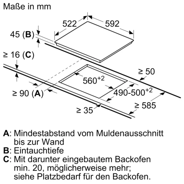 Technische Zeichnung mit den genauen Abmessungen für den Einbau in die Küche.