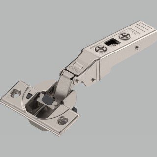 KREAKTIVMOEBEL Blum CLIP top BLUMOTION Winkelscharnier 95° +15° III (79B9454) – Seitenansicht mit Eckanschlag, Montageplatte und integrierter Dämpfung