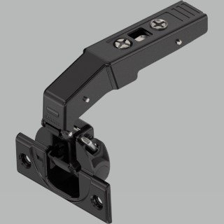 KREAKTIVMOEBEL Blum CLIP top BLUMOTION Stollenscharnier 95° (79B955.OX) – Seitenansicht mit Montageplatte und spezieller Konstruktion für Stollenmöbel