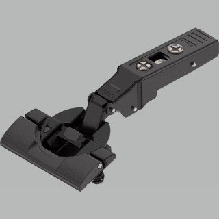 KREAKTIVMOEBEL Blum CLIP top BLUMOTION Winkelscharnier 95° +15° III (79B9494.OX) – Seitenansicht mit Eckanschlag, Montageplatte und BLUMOTION Dämpfungssystem
