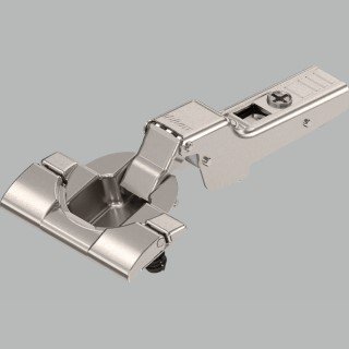 KREAKTIVMOEBEL Blum CLIP top 110° Standardscharnier Mittel INSERTA (71T369) – Seitenansicht mit Montageplatte für Mittelanschlag-Türen