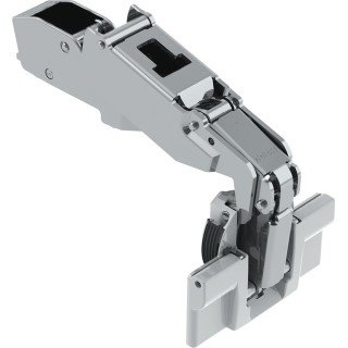 KREAKTIVMOEBEL Blum CLIP top Scharnier 170° 9,5 mm gekröpft mit Feder (71T664B) – Frontansicht mit Scharniertopf, Weitwinkelöffnung und Federmechanismus
