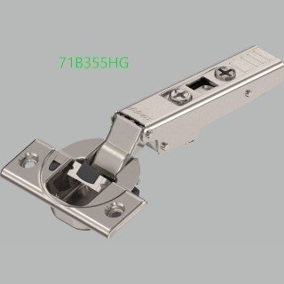 KREAKTIVMOEBEL Blum CLIP top BLUMOTION Eckscharnier 110° 71B355HG mit Feder, aufliegend, Anschraubmontage – Vorderansicht