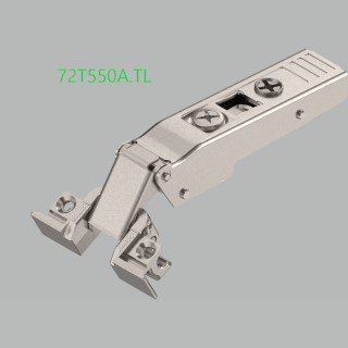 KREAKTIVMOEBEL Blum CLIP top 120° Scharnier für Alurahmen ohne Feder (72T550A.TL) – Seitenansicht mit Montageplatte für Aluminiumrahmentüren