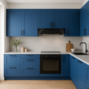 Moderne Einbauküche in U-Form mit mattblauen Fronten in der Farbe 0125 Royal Blue, schwarzen Griffen, heller Arbeitsplatte und grauer Rückwand. Die Küche ist ausgestattet mit einem schwarzen Einbauofen, einem schwarzen Kochfeld, einer modernen Armatur sowie Dekoelementen wie Vase, Schneidebrett und Keramikdosen. Der Boden ist aus hellem Holz, die Wände in neutralem Weiß.