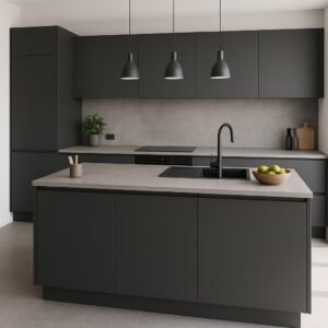 Moderne Küche mit Kücheninsel in Anthrazit (Dekorfarbe 0164), ausgestattet mit matten Fronten, grauer Arbeitsplatte, integriertem Kochfeld und schwarzer Armatur. Drei Pendelleuchten hängen über der Insel, dezente Dekoration und grüne Äpfel setzen Akzente in der klaren, minimalistischen Raumgestaltung.