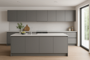Moderne Einbauküche mit Kücheninsel in Dekorfarbe 0191 Cool Grey, grifflosen Fronten und heller Arbeitsplatte, minimalistisch gestaltet mit großen Fenstern und Holzfußboden.