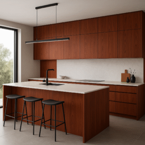 Moderne Einbauküche mit Kücheninsel in der Dekorfarbe 0344 Cherry. Die Fronten aus kirschfarbenem Holz wirken elegant und zeitlos. Eine helle Arbeitsplatte aus Stein und schwarze Barhocker ergänzen das Design. Die Küche ist lichtdurchflutet und verfügt über eine klare Linienführung sowie hochwertige Einbaugeräte.
