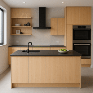 Moderne Einbauküche mit Kücheninsel in Dekorfarbe 0375 Maple, ausgestattet mit schwarzen Arbeitsplatten, integriertem Backofen und Kochfeld, offenen Regalen und minimalistischer Einrichtung.