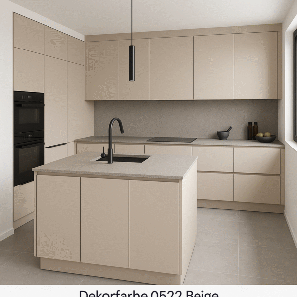 Moderne maßgefertigte Küche mit Kochinsel in Dekorfarbe 0522 Beige. Die Küche zeigt eine U-Form mit glatten, grifflosen Fronten, einem zentralen Inselblock mit integriertem Spülbecken und einer schwarzen Armatur. Dezente Beige-Töne und eine graue Arbeitsplatte sorgen für eine zeitgemäße, elegante Optik. Hochwertige Einbaugeräte und ein minimalistisches Design unterstreichen den modernen Stil.