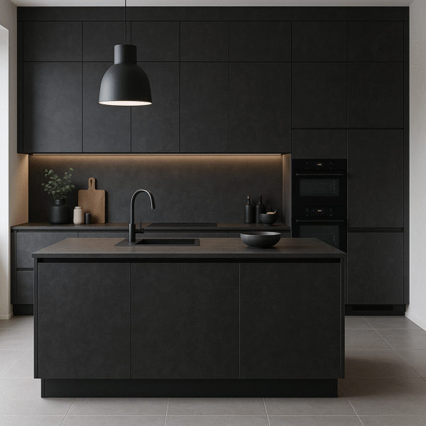 Moderne Einbauküche mit Kücheninsel in dunklem Betondekor (Farbton 4299 Dark Atelier), klaren Linien und grifflosen Fronten. Schwarze Pendelleuchte, integrierte Geräte, Ambientebeleuchtung unter den Oberschränken und helle Bodenfliesen runden das minimalistische Design ab.