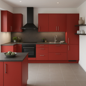 Moderne Küche mit maßgefertigten Fronten in kräftigem Chilli Red (Dekorfarbe 7113), ausgestattet mit dunkler Arbeitsplatte, schwarzem Dunstabzug, Edelstahlspüle, grauem Fliesenspiegel und hellgrauem Bodenfliesenbelag. Schlichte, grifflose Oberschränke, eine Kochinsel und stilvolle Wandregale runden das Design ab