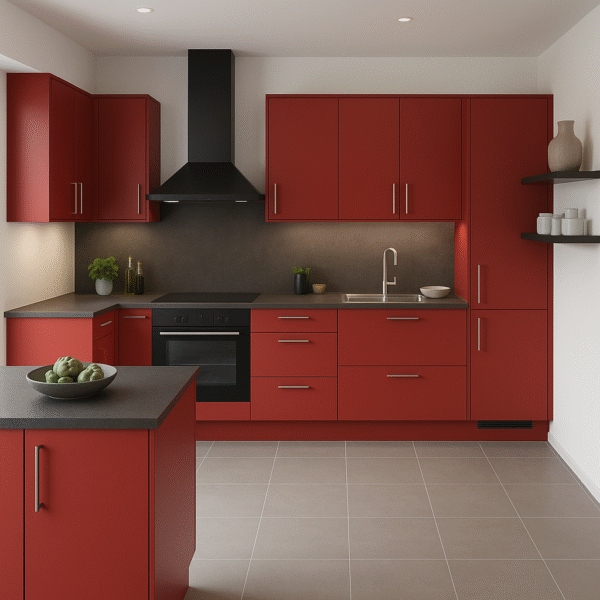 Moderne Küche mit maßgefertigten Fronten in kräftigem Chilli Red (Dekorfarbe 7113), ausgestattet mit dunkler Arbeitsplatte, schwarzem Dunstabzug, Edelstahlspüle, grauem Fliesenspiegel und hellgrauem Bodenfliesenbelag. Schlichte, grifflose Oberschränke, eine Kochinsel und stilvolle Wandregale runden das Design ab