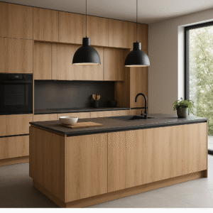 Moderne Einbauküche mit Kücheninsel in der Dekorfarbe 8431 Fine Oak, minimalistisches Design mit mattschwarzer Arbeitsplatte, schwarzen Hängelampen und integrierten Geräten vor einem großen Fenster mit Tageslicht.