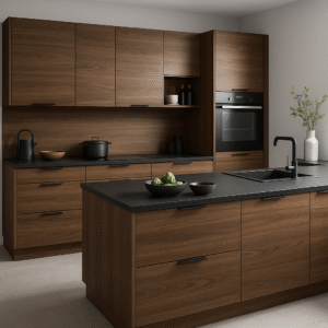 Moderne Küche mit maßgefertigten Fronten in Alpine Walnut (Dekor 9614), ausgestattet mit schwarzer Arbeitsplatte, Kücheninsel mit Spüle, hochgebautem Backofen, offenen Regalelementen und minimalistischer Dekoration in neutralem Farbkonzept