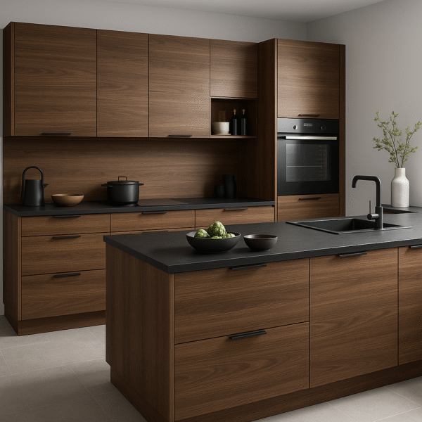 Moderne Küche mit maßgefertigten Fronten in Alpine Walnut (Dekor 9614), ausgestattet mit schwarzer Arbeitsplatte, Kücheninsel mit Spüle, hochgebautem Backofen, offenen Regalelementen und minimalistischer Dekoration in neutralem Farbkonzept