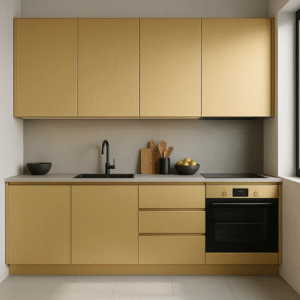 Moderne Einbauküche in der Dekorfarbe AL04 Brushed Gold mit grifflosen Fronten, schwarzer Armatur, integriertem Backofen und hellgrauer Arbeitsplatte, minimalistisch gestaltet und von Tageslicht durch ein großes Fenster durchflutet.