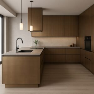 Moderne maßgefertigte Küche im Jahr 2025 mit zentraler Kochinsel in der Dekorfarbe AL06 Brushed Bronze. Die Küche zeigt grifflose Fronten in gebürsteter Bronzeoptik, eine großzügige Insel mit schwarzer Armatur und Spüle sowie integrierte Geräte in einheitlichem Design. Helle Wand- und Bodenfarben sorgen für einen eleganten, zeitgemäßen Kontrast.