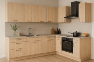 Moderne L-förmige Küche nach Maß mit Fronten in heller Holzoptik – Dekor K085 Light Rockford Hickory. Die Küche verfügt über grifflose Oberschränke, integrierten Backofen, Dunstabzugshaube in Schwarz und hellgraue Arbeitsplatte. Dezente Wandfliesen und Holzboden runden das harmonische Design ab.