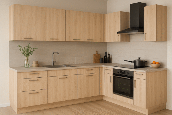Moderne L-förmige Küche nach Maß mit Fronten in heller Holzoptik – Dekor K085 Light Rockford Hickory. Die Küche verfügt über grifflose Oberschränke, integrierten Backofen, Dunstabzugshaube in Schwarz und hellgraue Arbeitsplatte. Dezente Wandfliesen und Holzboden runden das harmonische Design ab.