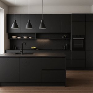 Moderne, maßgefertigte Küche mit zentraler Kochinsel in der Dekorfarbe 0190 Black. Die Küche ist in elegantem Matt-Schwarz gehalten, mit grifflosen Fronten, integrierten Geräten und drei Hängelampen über der Insel. Warme Holzböden setzen einen stilvollen Kontrast zur dunklen Küchenoptik.