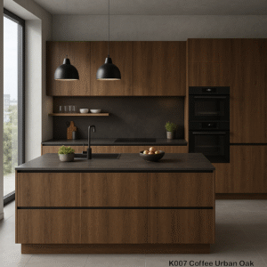 Moderne Küche mit Insel in K007 Coffee Urban Oak – Die Abbildung zeigt eine stilvolle, maßgefertigte Küche mit dunklem Holzdekor (K007 Coffee Urban Oak). Die zentral platzierte Kochinsel und alle Fronten bestehen aus einem warmen, kaffeebraunen Holz mit natürlicher Maserung. Schwarze Armaturen, eine dunkle Arbeitsplatte und integrierte Elektrogeräte unterstreichen das elegante Design. Große Fenster bringen Tageslicht in den Raum, wodurch die edlen Materialien besonders zur Geltung kommen.