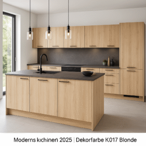 Moderne Einbauküche mit Kochinsel im Dekor K017 Blonde Liberty Elm, ausgestattet mit schwarzen Griffen, dunkler Arbeitsplatte und Hängelampen im Industrial-Stil – zeitgemäßes Küchendesign 2025 mit viel Stauraum und klaren Linien.