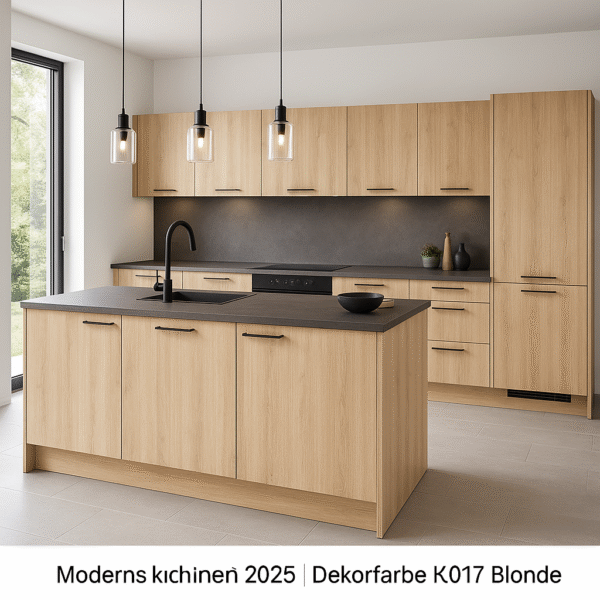 Moderne Einbauküche mit Kochinsel im Dekor K017 Blonde Liberty Elm, ausgestattet mit schwarzen Griffen, dunkler Arbeitsplatte und Hängelampen im Industrial-Stil – zeitgemäßes Küchendesign 2025 mit viel Stauraum und klaren Linien.