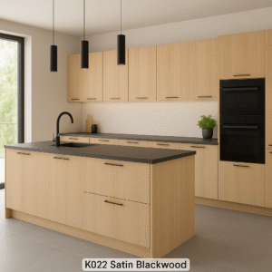 Moderne Einbauküche mit Kücheninsel in heller Holzoptik (Dekorfarbe K022 Satin Blackwood). Die Fronten der Unterschränke, Hängeschränke und der Insel sind in einem gleichmäßigen, hellbraunen Holzton gehalten. Die Arbeitsflächen bestehen aus dunkelgrauem Material mit matter Oberfläche. Schwarze Griffe, ein schwarzer Wasserhahn und schwarze Hängelampen über der Insel setzen moderne Akzente. Große Fenster sorgen für natürliches Licht und eine offene, freundliche Raumwirkung.