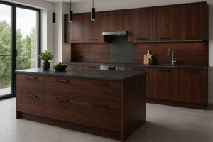 Moderne Einbauküche mit Kochinsel in Dekorfarbe K078 Dark Riverside Cherry, schwarzer Arbeitsplatte, Hängeschränken und großen Fenstern mit Blick ins Grüne.