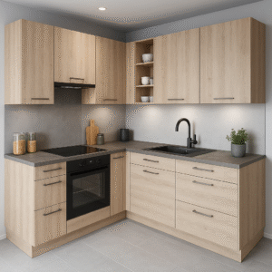 Moderne L-förmige Einbauküche in Holzdekor K083 Light Artwood mit mattschwarzer Spüle, dunkler Arbeitsplatte und integrierten Geräten. Die Fronten zeigen eine helle Holzmaserung, die Oberschränke sind grifflos, während die Unterschränke moderne Metallgriffe besitzen. Die Küche ist minimalistisch gestaltet mit offenen Regalfächern, grauer Rückwand und dezentem Deckenlicht.