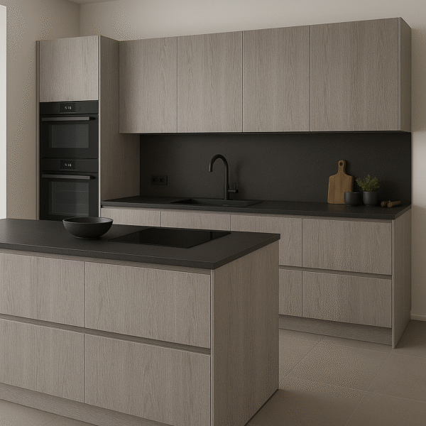 Modernes Kücheninterieur mit maßgefertigten Fronten im Dekor K084 Dark Artwood – einer grau-braunen Holzoptik mit feiner Maserung. Die Küche zeigt eine zentrale Insel mit dunkler Arbeitsplatte, grifflose Schränke und moderne Einbaugeräte. Die hellen Wände und der graue Boden schaffen einen stilvollen Kontrast zur warmen Holzstruktur.