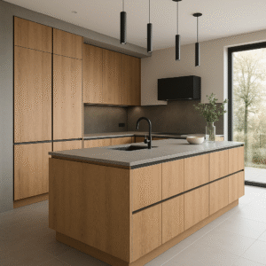 Moderner Küchenraum mit zentraler Insel in der Dekorfarbe K107 Elegance Endgrain Oak. Die Küche verfügt über grifflose Fronten, eine elegante Arbeitsplatte in Grau, schwarze Armaturen sowie hohe Schränke bis zur Decke. Pendelleuchten und große Fenster sorgen für viel Licht in einem klar strukturierten, minimalistischen Design.