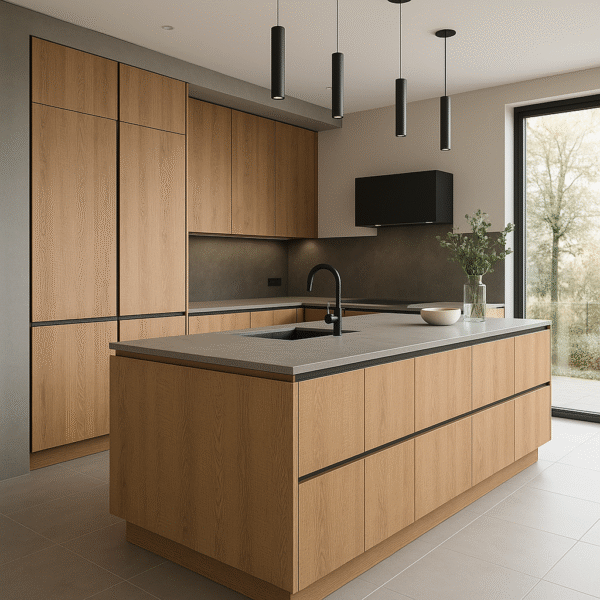 Moderner Küchenraum mit zentraler Insel in der Dekorfarbe K107 Elegance Endgrain Oak. Die Küche verfügt über grifflose Fronten, eine elegante Arbeitsplatte in Grau, schwarze Armaturen sowie hohe Schränke bis zur Decke. Pendelleuchten und große Fenster sorgen für viel Licht in einem klar strukturierten, minimalistischen Design.