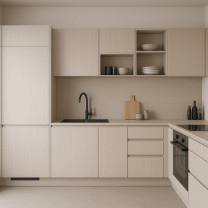 Moderner Küchenraum im Dekor K349 Silk Flow mit hellbeigen, matt strukturierten Fronten in Holzoptik, grifflosen Schränken, schwarzer Armatur, integrierten Geräten und minimalistischer Gestaltung in zeitgemäßem Design.