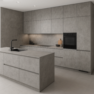 Moderner Küchenraum im Designjahr 2025 mit maßgefertigten Fronten in der Dekorfarbe K350 Concrete Flow. Die Küche präsentiert sich in einer minimalistischen L-Form mit durchgehenden Betonoptik-Oberflächen, einem zentralen Küchenblock mit schwarzer Armatur und dezent integrierten Griffleisten. Die klaren Linien und die elegante Beleuchtung betonen den industriellen Stil und die hochwertige Verarbeitung.