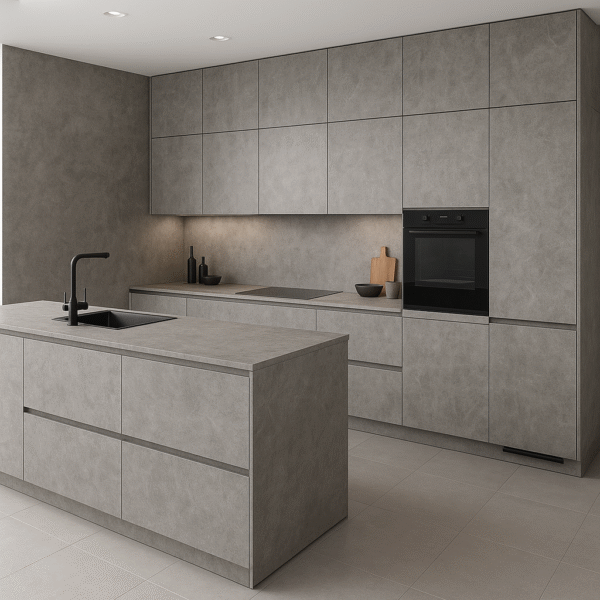 Moderner Küchenraum im Designjahr 2025 mit maßgefertigten Fronten in der Dekorfarbe K350 Concrete Flow. Die Küche präsentiert sich in einer minimalistischen L-Form mit durchgehenden Betonoptik-Oberflächen, einem zentralen Küchenblock mit schwarzer Armatur und dezent integrierten Griffleisten. Die klaren Linien und die elegante Beleuchtung betonen den industriellen Stil und die hochwertige Verarbeitung.
