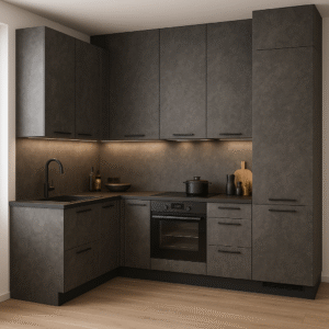 Moderne L-Küche nach Maß in der Dekorfarbe K352 Iron Flow mit dunklen, steinähnlichen Fronten, mattschwarzen Griffen, integrierten Geräten und heller Holzfußboden; warmes Unterbau-Licht betont das elegante Design.