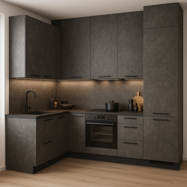 Moderne L-Küche nach Maß in der Dekorfarbe K352 Iron Flow mit dunklen, steinähnlichen Fronten, mattschwarzen Griffen, integrierten Geräten und heller Holzfußboden; warmes Unterbau-Licht betont das elegante Design.
