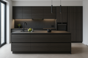 Moderne Küche mit Kücheninsel in Dekor K353 Charcoal Flow. Die Küche zeigt eine elegante, maßgefertigte Einrichtung mit dunklen Holzfronten im Farbton Charcoal Flow, klaren Linien und grifflosen Schränken. Eine zentrale Kücheninsel mit integriertem Spülbecken und schwarzem Wasserhahn steht im Vordergrund. Hängelampen in Schwarz sorgen für gezielte Beleuchtung. Große Fenster lassen natürliches Licht herein und unterstreichen das stilvolle, minimalistische Design.