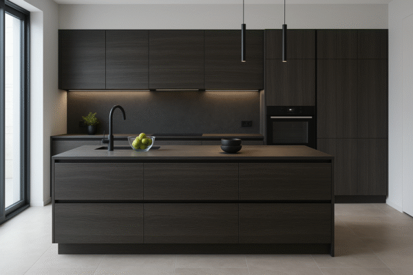 Moderne Küche mit Kücheninsel in Dekor K353 Charcoal Flow. Die Küche zeigt eine elegante, maßgefertigte Einrichtung mit dunklen Holzfronten im Farbton Charcoal Flow, klaren Linien und grifflosen Schränken. Eine zentrale Kücheninsel mit integriertem Spülbecken und schwarzem Wasserhahn steht im Vordergrund. Hängelampen in Schwarz sorgen für gezielte Beleuchtung. Große Fenster lassen natürliches Licht herein und unterstreichen das stilvolle, minimalistische Design.