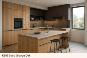 Moderne Küche mit Kücheninsel in K356 Sand Grange Oak Dekorfarbe. Die Küche zeigt grifflose Fronten in warmem Eichenholzton, eine helle Arbeitsplatte, schwarze Akzente und eine stilvolle Insel mit zwei Barhockern in minimalistischer Umgebung. Ein großes Fenster sorgt für natürliches Licht.
