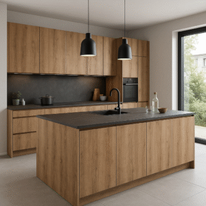 Moderne Küche nach Maß mit zentraler Kücheninsel in Dekorfarbe K360 Vintage Harbor Oak. Die Fronten und Schränke zeigen eine warme Holzoptik mit natürlicher Maserung. Schwarze Akzente wie Einbaubackofen, Armatur und Hängelampen setzen stilvolle Kontraste. Die Arbeitsplatte ist in dunklem Anthrazit gehalten. Große Fenster sorgen für Tageslicht und eine offene, helle Atmosphäre