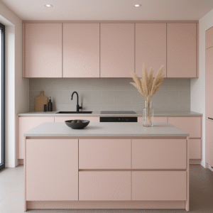 Moderne Einbauküche mit Kücheninsel in der Dekorfarbe K513 Marshmallow Rosa. Klare Linien, grifflose Fronten, helle Arbeitsplatte, schwarze Armatur, minimalistisches Design mit viel Tageslicht.