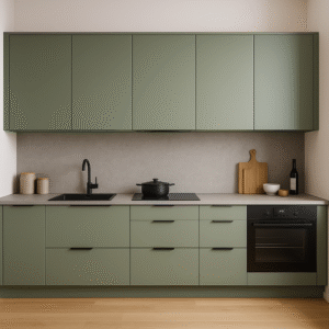 Moderne maßgefertigte Küche in der Dekorfarbe K521 Smoke Green mit grifflosen Fronten, schwarzer Spüle und Armatur, grauer Arbeitsplatte in Betonoptik und hellen Holzboden