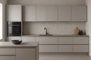 Moderne Einbauküche nach Maß in der Dekorfarbe K522 Aluminium Flash mit grifflosen Fronten, L-Form und Kücheninsel; matte, hellgraue Oberflächen, integrierter Backofen, schwarzer Wasserhahn und dezente Dekoration in einem minimalistischen Design