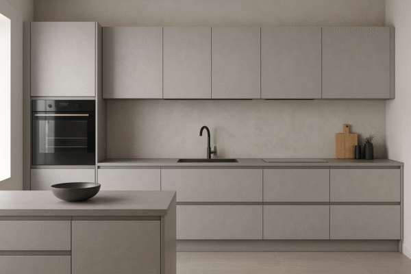 Moderne Einbauküche nach Maß in der Dekorfarbe K522 Aluminium Flash mit grifflosen Fronten, L-Form und Kücheninsel; matte, hellgraue Oberflächen, integrierter Backofen, schwarzer Wasserhahn und dezente Dekoration in einem minimalistischen Design