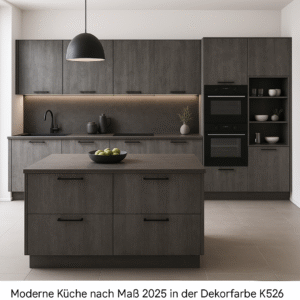 Moderne maßgefertigte Küche im Jahr 2025 mit Fronten in der Dekorfarbe K526 Iron Surfside Ash, ausgestattet mit grifflosen Schränken, Kücheninsel, schwarzer Spüle, Einbaugeräten und minimalistischer Dekoration in einem hellen, zeitgemäßen Raum.