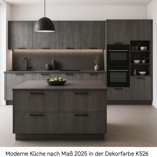 Moderne maßgefertigte Küche im Jahr 2025 mit Fronten in der Dekorfarbe K526 Iron Surfside Ash, ausgestattet mit grifflosen Schränken, Kücheninsel, schwarzer Spüle, Einbaugeräten und minimalistischer Dekoration in einem hellen, zeitgemäßen Raum.